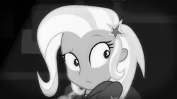 Size: 1280x720 | Tagged: safe, derpibooru import, screencap, trixie, equestria girls, equestria girls series, rarity investigates: the case of the bedazzled boot, black and white, cute, diatrixes, female, grayscale, monochrome, rarity investigates (eqg): trixie, solo, wide eyes