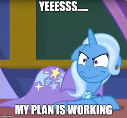 Size: 541x500 | Tagged: a matter of principals, amused, cape, clothes, cropped, derpibooru import, edit, edited screencap, faic, floppy ears, image macro, inverted mouth, meme, nightmare fuel, safe, screencap, solo, trixie, trixie is amused, trixie's cape, trixie yells at everything