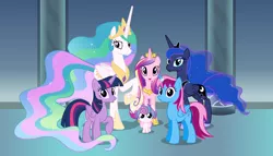 Size: 11200x6400 | Tagged: safe, artist:parclytaxel, derpibooru import, princess cadance, princess celestia, princess flurry heart, princess luna, twilight sparkle, twilight sparkle (alicorn), oc, oc:parcly taxel, alicorn, pony, .svg available, :o, absurd resolution, alicorn hexarchy, alicorn oc, alicorn pentarchy, canterlot castle, female, foal, group shot, horn ring, looking at you, mare, open mouth, raised hoof, raised leg, smiling, vector