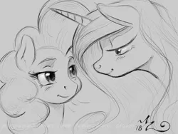 Size: 900x675 | Tagged: safe, artist:amarynceus, deleted from derpibooru, derpibooru import, pinkie pie, princess cadance, pony, cadancepie, duo, female, gray background, grayscale, infidelity, lesbian, looking at each other, mare, monochrome, shipping, signature, simple background