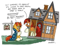 Size: 2388x1786 | Tagged: safe, artist:bobthedalek, derpibooru import, stellar flare, sunburst, pony, unicorn, a series of unfortunate events, angry, atg 2018, cliff, female, house, implied shipping, implied starburst, implied starlight glimmer, male, mare, mother and son, mothers gonna mother, newbie artist training grounds, shipper flare, sign, simple background, socks (coat marking), stallion, sunburst is not amused, that pony sure does want grandfoals, this will end in death, this will end in tears and/or death, this will not end well, unamused, up, white background