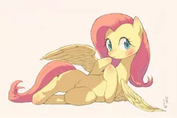 Size: 1800x1200 | Tagged: safe, artist:yanamosuda, derpibooru import, fluttershy, pegasus, pony, blushing, cute, female, mare, shyabetes, side, simple background, solo