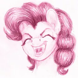 Size: 1024x1021 | Tagged: safe, artist:thatonegib, derpibooru import, pinkie pie, earth pony, pony, bust, eyelashes, eyes closed, female, mare, monochrome, open mouth, pencil drawing, portrait, simple background, smiling, solo, traditional art, white background