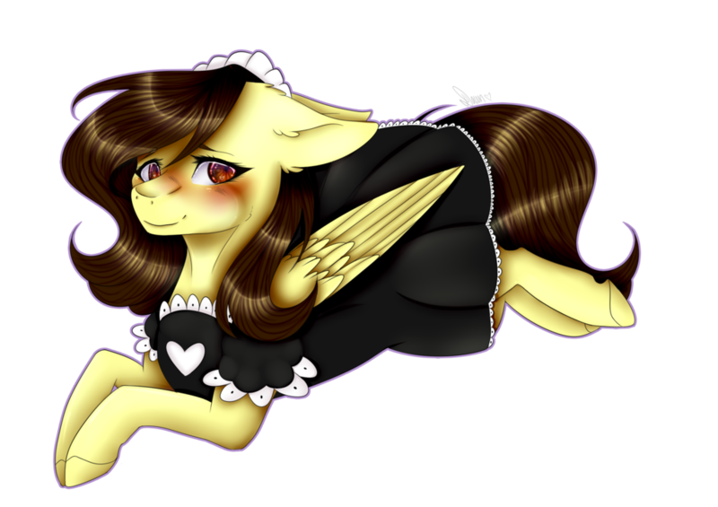 Size: 1024x723 | Tagged: safe, artist:dawndream2003, derpibooru import, oc, oc:white hershey, unofficial characters only, pegasus, pony, blushing, clothes, female, maid, mare, simple background, solo, transparent background