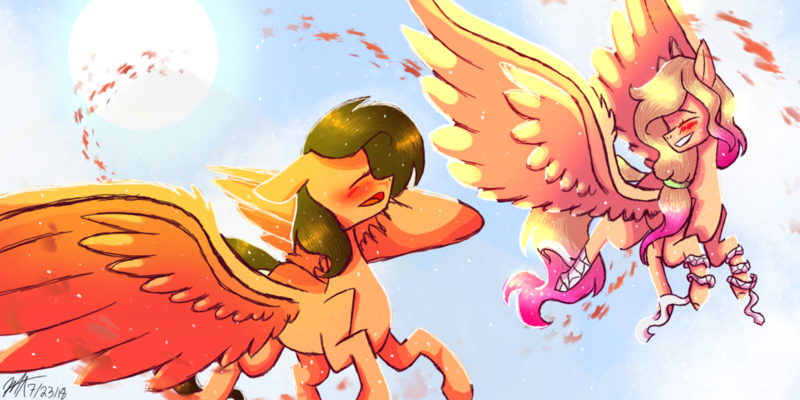 Size: 1264x632 | Tagged: safe, artist:13keithxpidge13, derpibooru import, oc, unofficial characters only, pegasus, pony, blushing, duo, duo female, eyes closed, female, flying, mare, signature, smiling, traditional art