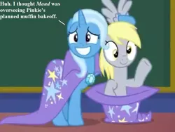 Size: 864x648 | Tagged: a matter of principals, chalkboard, cloak, clothes, cropped, derpibooru import, derpy hooves, dialogue, edit, edited screencap, hat, implied maud pie, implied pinkie pie, magic trick, safe, school of friendship, screencap, text, trixie, waving