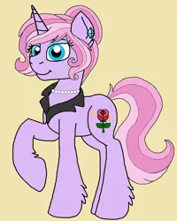 Size: 852x1064 | Tagged: safe, artist:rosefang16, derpibooru import, oc, oc:crystal dancer, unofficial characters only, unicorn, ear piercing, earring, female, jewelry, mare, mascara, necklace, pearl necklace, piercing, simple background, solo, tan background