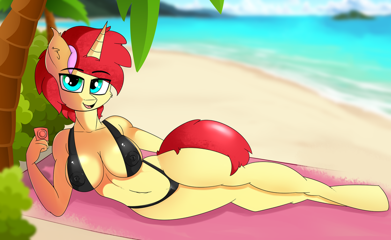 Size: 2000x1229 | Tagged: suggestive, alternate version, artist:xorza, derpibooru import, oc, oc:jasmin, unofficial characters only, anthro, unguligrade anthro, unicorn, beach, breasts, clothes, condom, female, latex, ocean, palm tree, sand, socks, solo, solo female, swimsuit, tree, ych result