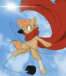 Size: 3024x3461 | Tagged: safe, artist:steelsoul, derpibooru import, oc, oc:himmel, unofficial characters only, bandage, clothes, cloud, colt, epic pose, gloves, high res, jumping, lens flare, male, scarf, sky, solo, tail band, yo-yo