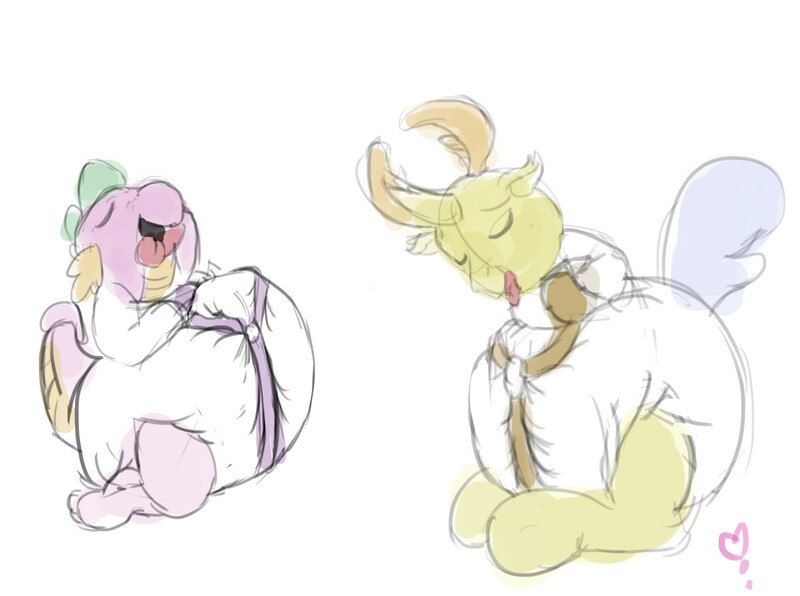 Size: 1280x953 | Tagged: questionable, artist:softballoonpony, derpibooru import, spike, thorax, changedling, changeling, dragon, aroused, bondage, colored sketch, diaper, diaper bondage, diaper fetish, diaper inflation, duo, duo male, eyes closed, fetish, king thorax, kneeling, male, open mouth, poofy diaper, simple background, sitting, straitjacket, straps, tongue out, white background