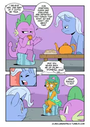 Size: 2893x4092 | Tagged: safe, artist:raph13th, derpibooru import, snails, spike, trixie, dragon, pony, unicorn, ask glitter shell, comic:glim glam and pals, comic, cookie, cup, female, food, glitter shell, male, mare, tea, teacup, teapot, trio