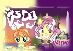 Size: 1024x720 | Tagged: safe, artist:yaycelestia0331, derpibooru import, megan williams, vignette valencia, ponified, pony, equestria girls, equestria girls series, rollercoaster of friendship, base used, cute, equestria girls ponified, faic, grin, smiling, text