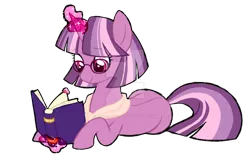 Size: 1024x657 | Tagged: safe, artist:azure-art-wave, derpibooru import, oc, pony, unicorn, book, female, magic, magical lesbian spawn, mare, offspring, parent:cheerilee, parent:twilight sparkle, parents:cheerilight, prone, simple background, solo, transparent background