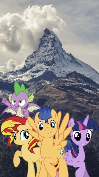 Size: 858x1536 | Tagged: alicorn, artist:superbobiann, derpibooru import, dragon, editor:superbobiann, flash sentry, irl, mountain, phone wallpaper, photo, safe, spike, sunset shimmer, twilight sparkle, twilight sparkle (alicorn), wallpaper, winged spike