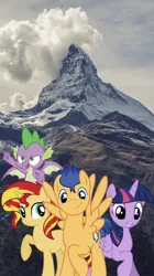 Size: 858x1536 | Tagged: alicorn, artist:superbobiann, derpibooru import, dragon, editor:superbobiann, flash sentry, irl, mountain, phone wallpaper, photo, safe, spike, sunset shimmer, twilight sparkle, twilight sparkle (alicorn), wallpaper, winged spike