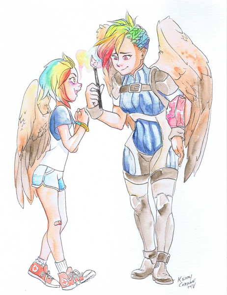 Size: 5066x6581 | Tagged: absurd resolution, artist:kenzicorinne, converse, derpibooru import, glow, healing, human, humanized, humanized oc, interspecies offspring, magic, magical lesbian spawn, medic, meeting yourself, oc, oc:rainbow feather, offspring, parent:gilda, parent:rainbow dash, parents:gildash, safe, shoes, time paradox, wand, winged humanization, wings