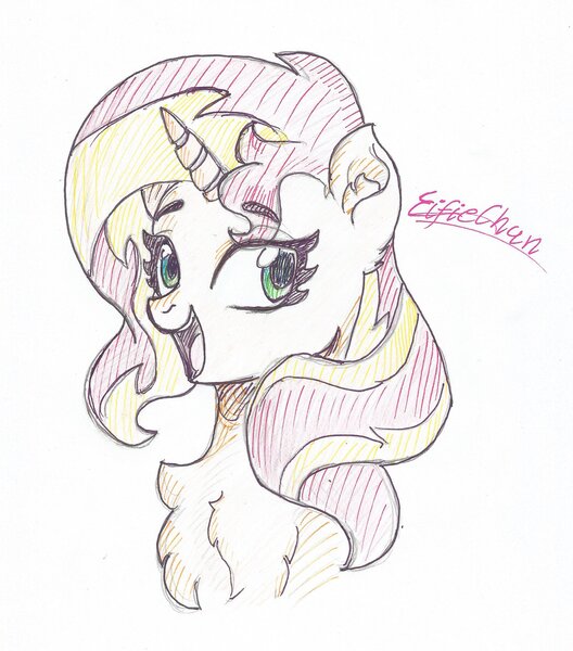 Size: 2200x2500 | Tagged: safe, artist:katakiuchi4u, derpibooru import, sunset shimmer, pony, unicorn, chest fluff, cute, female, fluffy, happy, mare, shimmerbetes, solo, traditional art