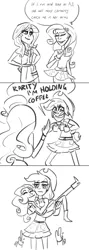 Size: 1280x3614 | Tagged: safe, artist:party-of-art, derpibooru import, applejack, rarity, sunset shimmer, equestria girls, bridal carry, brooklyn nine nine, coffee, coffee mug, comic strip, cute, dialogue, female, lesbian, monochrome, mug, rarijack, shipping