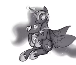 Size: 2184x1872 | Tagged: safe, artist:selenophile, derpibooru import, nightmare moon, alicorn, pony, cookie, cookie jar, cute, eating, explicit source, female, food, glowing horn, grayscale, helmet, magic, mare, monochrome, simple background, sitting, solo, telekinesis, white background