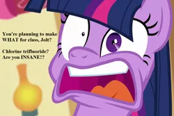 Size: 1080x720 | Tagged: alicorn, chemistry, chlorine trifluoride, cropped, derpibooru import, edit, edited screencap, faic, florence flask, freaking out, implied oc, party pooped, safe, screencap, solo, stupidity, text, this will end in a violently exothermic chemical reaction, this will end in chlorine trifluoride being synthesized, this will end in fire, this will end in tears and/or death, this will not end well, twilight sparkle, twilight sparkle (alicorn), you fool