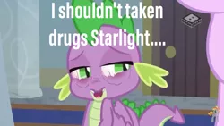 Size: 1280x720 | Tagged: a matter of principals, caption, derpibooru import, dragon, edit, edited screencap, high as fuck, male, safe, screencap, solo, spike, text, winged spike, wings