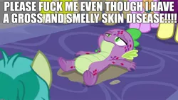 Size: 1920x1080 | Tagged: suggestive, derpibooru import, edit, edited screencap, editor:useraccount, screencap, sandbar, spike, dragon, pony, molt down, abuse, caption, dialogue, downvote bait, excessive exclamation marks, feet, go back to sleep garble, go to sleep garble, image macro, implied sex, male, meme, molting, on back, op failed at starting shit, shitposting, smelly, solo focus, spikeabuse, stone scales, vulgar