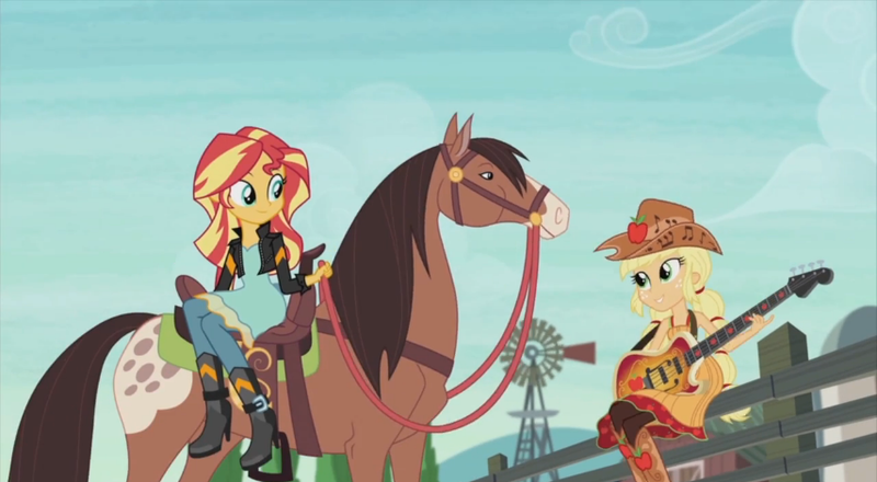 Size: 854x470 | Tagged: safe, derpibooru import, screencap, applejack, lonestar, sunset shimmer, horse, equestria girls, friendship through the ages, rainbow rocks, country applejack, guitar, humans riding horses, riding, sitting, sleeveless, smiling