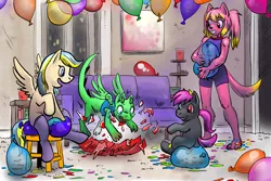 Size: 5400x3600 | Tagged: safe, artist:p5ych, derpibooru import, oc, unofficial characters only, anthro, dragon, earth pony, pegasus, pony, absurd resolution, anthro with ponies, balloon, balloon popping, blushing, chair, clothes, commission, crossover, detailed background, feline, heterochromia, popping, sitting, socks, stockings, stool, surprised, thigh highs, vest