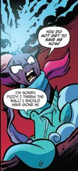 Size: 322x697 | Tagged: safe, artist:andypriceart, derpibooru import, idw, fizzlepop berrytwist, glitter drops, tempest shadow, pony, unicorn, spoiler:comic, spoiler:comic68, angry, begging, broken horn, cropped, crying, duo, eye scar, female, implied storm king, mare, official comic, red background, scar, simple background, sparking horn, speech bubble