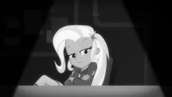 Size: 1280x720 | Tagged: safe, derpibooru import, screencap, trixie, equestria girls, equestria girls series, rarity investigates: the case of the bedazzled boot, black and white, confident, crossed arms, crossed legs, female, grayscale, monochrome, noir, rarity investigates (eqg): trixie, smiling, smirk, smug, solo