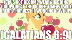 Size: 1920x1080 | Tagged: apple, applejack, bats!, bible, bible verse, christianity, derpibooru import, edit, edited screencap, editor:useraccount, food, galatians, image macro, meme, religion, safe, screencap, solo, text