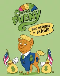 Size: 1368x1728 | Tagged: safe, artist:docwario, derpibooru import, ponified, earth pony, pony, american flag, donald trump, green background, horrifying, male, money, mouthpiece, parody, politics, simple background, stallion, united states