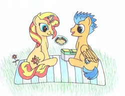 Size: 1024x784 | Tagged: safe, artist:zocidem, derpibooru import, flash sentry, sunset shimmer, female, flashimmer, flower, food, male, picnic, sandwich, shipping, straight, traditional art