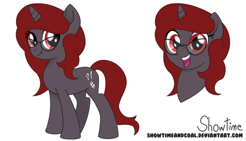 Size: 7467x4272 | Tagged: safe, artist:showtimeandcoal, derpibooru import, oc, oc:curse word, oc:lost, unofficial characters only, pony, unicorn, absurd resolution, cutie mark, digital art, female, filly, full body, glasses, head shot, mare, movie accurate, present, red eyes, red hair, reference, reference sheet, simple background, solo, spectacles, style, transparent background, youtube