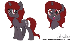 Size: 7467x4272 | Tagged: safe, artist:showtimeandcoal, derpibooru import, oc, oc:curse word, oc:lost, unofficial characters only, pony, unicorn, absurd resolution, cutie mark, digital art, female, filly, full body, glasses, head shot, mare, movie accurate, present, red eyes, red hair, reference, reference sheet, simple background, solo, spectacles, style, transparent background, youtube