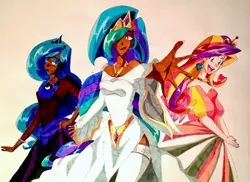 Size: 1280x930 | Tagged: artist:artfrog75, clothes, dark skin, derpibooru import, dress, female, human, humanized, princess cadance, princess celestia, princess luna, safe, simple background, traditional art, trio, trio female, white background