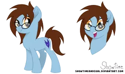 Size: 7539x4500 | Tagged: safe, artist:showtimeandcoal, derpibooru import, oc, oc:amber pura, oc:caitbug, unofficial characters only, earth pony, pony, absurd resolution, digital art, female, filly, full body, glasses, head shot, mare, movie accurate, present, reference, reference sheet, simple background, solo, spectacles, style, transparent background