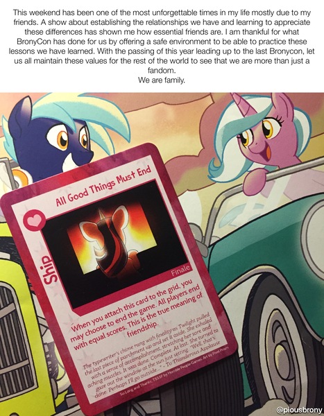 Size: 2448x3148 | Tagged: safe, artist:pixel-prism, artist:tonyfleecs, derpibooru import, oc, oc:hoof beatz, oc:mane event, bronycon, bronycon2018, car, card game, shipfic