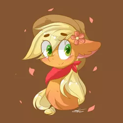 Size: 800x800 | Tagged: safe, artist:dddreamdraw, derpibooru import, applejack, earth pony, pony, bandana, blushing, brown background, bust, cute, ear fluff, eye clipping through hair, female, flower, flower in hair, jackabetes, looking at you, mare, neckerchief, simple background, solo