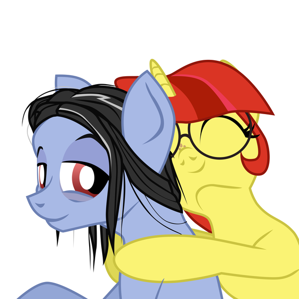 Size: 2500x2500 | Tagged: safe, artist:aaronmk, derpibooru import, oc, oc:lefty pony, pony, unicorn, atg 2018, eyes closed, female, freckles, glasses, hug, lidded eyes, mare, messy mane, newbie artist training grounds, simple background, smiling, tired, white background