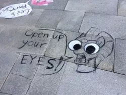 Size: 1200x900 | Tagged: chalk, chalk drawing, derpibooru import, googly eyes, irl, meme, my little pony: the movie, open up your eyes, open up your *very* eyes, photo, photographer:squeakybelle, pinkie pie, safe, solo, special eyes, tempest shadow, traditional art