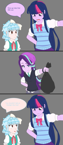 Size: 1069x2433 | Tagged: safe, artist:fantasygerard2000, derpibooru import, cozy glow, starlight glimmer, twilight sparkle, equestria girls, marks for effort, beanie, burn, clothes, comic, dialogue, equestria girls-ified, hat, pure concentrated unfiltered evil of the utmost potency, reference, sailor mouth, spongebob squarepants, trash, trash bag