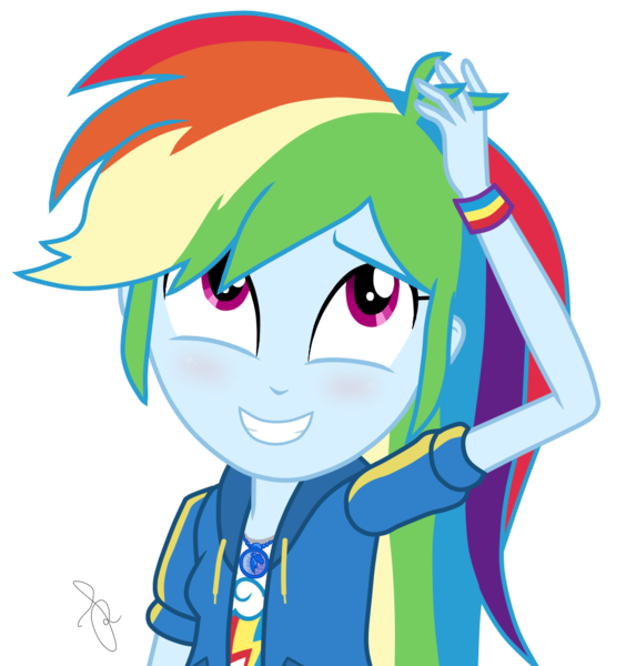 Size: 1024x1090 | Tagged: safe, artist:ilaria122, derpibooru import, rainbow dash, equestria girls, equestria girls series, rollercoaster of friendship, blushing, clothes, cute, dashabetes, geode of super speed, magical geodes, shirt, simple background, stroking hair, sweatshirt, t-shirt, transparent background