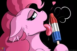 Size: 4500x3000 | Tagged: suggestive, artist:pedalspony, derpibooru import, pinkie pie, bomb pop, drool, drool string, floppy ears, food, holding, lewd, licking, looking at you, melting, popsicle, solo, suggestive eating, tongue out