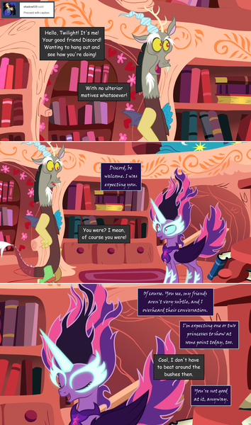 Size: 1280x2168 | Tagged: safe, artist:hakunohamikage, derpibooru import, discord, twilight sparkle, twilight sparkle (alicorn), alicorn, pony, ask-princesssparkle, equestria girls, ask, golden oaks library, midnight sparkle, possessed, tumblr