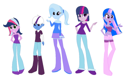 Size: 408x251 | Tagged: safe, artist:pancaketurtle, derpibooru import, trixie, twilight sparkle, oc, oc:aurora, oc:midnight, oc:nebula, equestria girls, eqg promo pose set, family, female, lesbian, magical lesbian spawn, offspring, parent:trixie, parent:twilight sparkle, parents:twixie, shipping, twixie