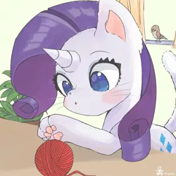 Size: 2000x2000 | Tagged: artist:yunyeyoung, behaving like a cat, bird, cat pony, cute, derpibooru import, female, horn, original species, paw pads, paws, raribetes, raricat, rarity, safe, solo, sparrow, underpaw, yarn