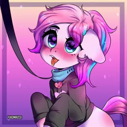 Size: 1280x1280 | Tagged: suggestive, artist:yukomaussi, derpibooru import, oc, oc:panda shade, unofficial characters only, earth pony, pony, blushing, clothes, collar, drool, drool string, eyelashes, female, femsub, floppy ears, heart eyes, hoodie, leash, mare, pet play, pet tag, submissive, sweater, tongue out, wingding eyes, ych result