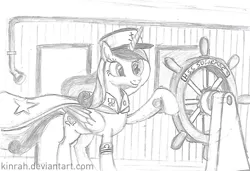 Size: 1310x897 | Tagged: artist:kinrah, atg 2018, derpibooru import, implied big macintosh, implied sugar belle, literal shipping, newbie artist training grounds, princess cadance, princess of love, princess of shipping, pun, safe, ship, shipper on deck, sketch, solo, traditional art