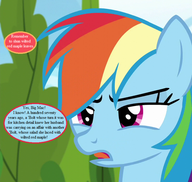 Size: 740x703 | Tagged: cropped, derpibooru import, edit, edited screencap, implied adultery, implied big macintosh, implied murder, implied oc, newbie dash, rainbow dash, screencap, semi-grimdark, speech bubble, text, tree